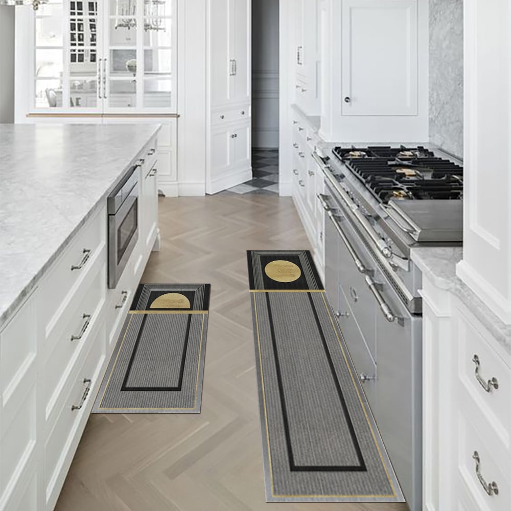 HMR - 2 Pieces Modern Dark Gray Kitchen Runner Mats Non-slip Geometric Kitchen Rug Set