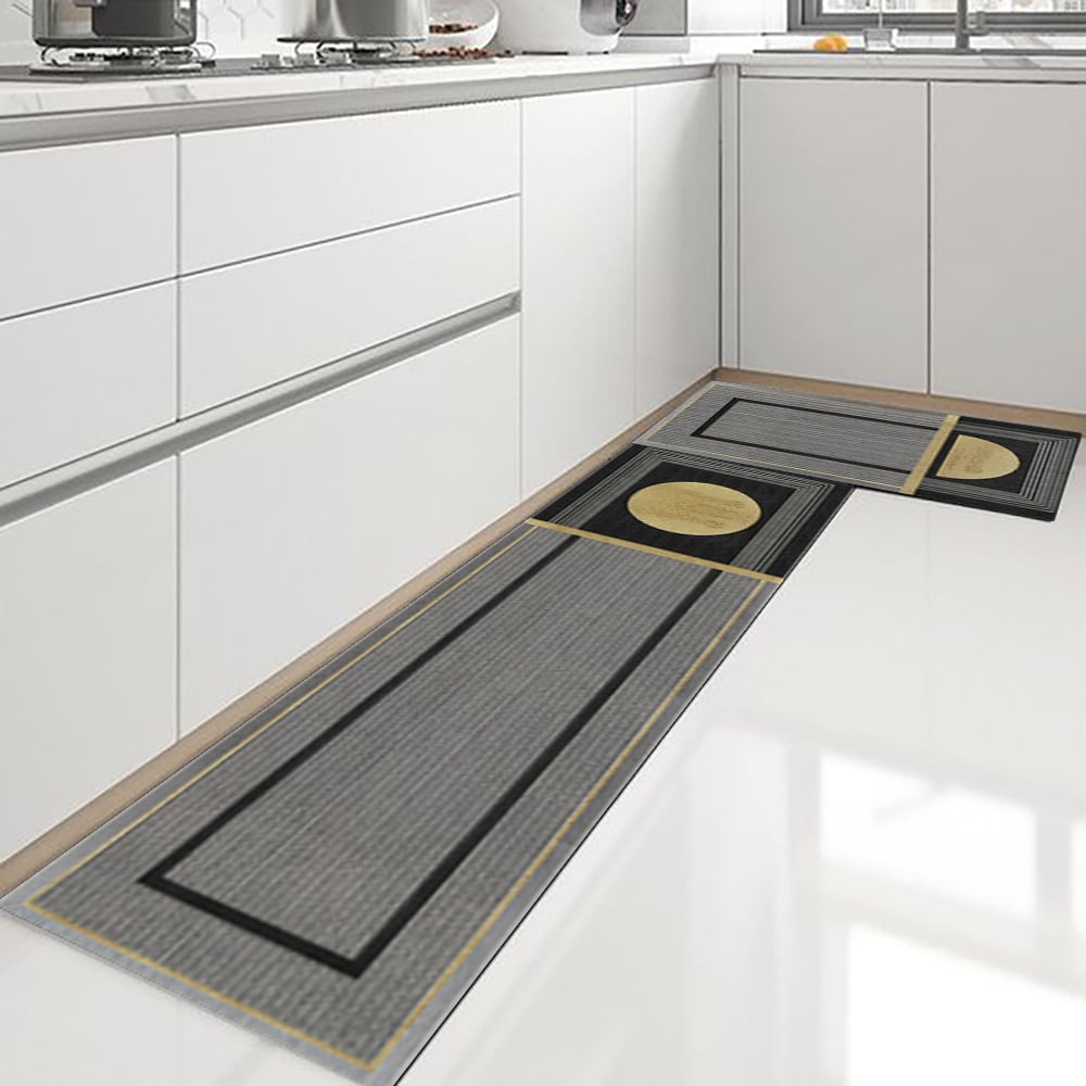 HMR - 2 Pieces Modern Dark Gray Kitchen Runner Mats Non-slip Geometric Kitchen Rug Set