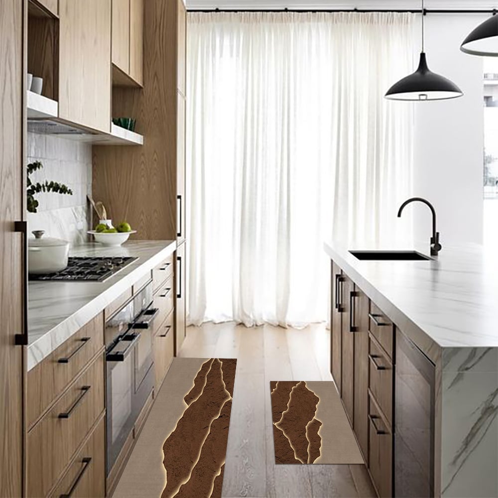 HMR - 2 Pieces Modern Gold & Brown Kitchen Runner Mats Non-slip Absorbent Kitchen Rug Set