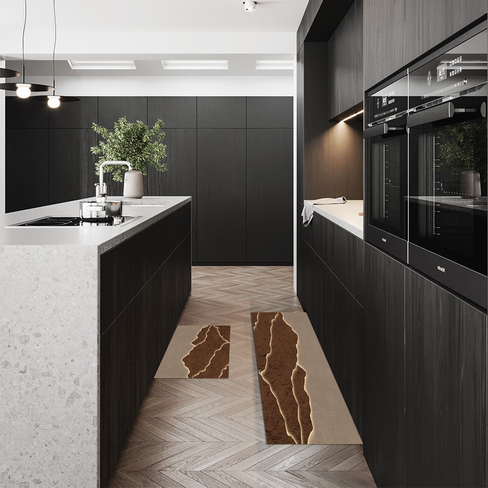HMR - 2 Pieces Modern Gold & Brown Kitchen Runner Mats Non-slip Absorbent Kitchen Rug Set
