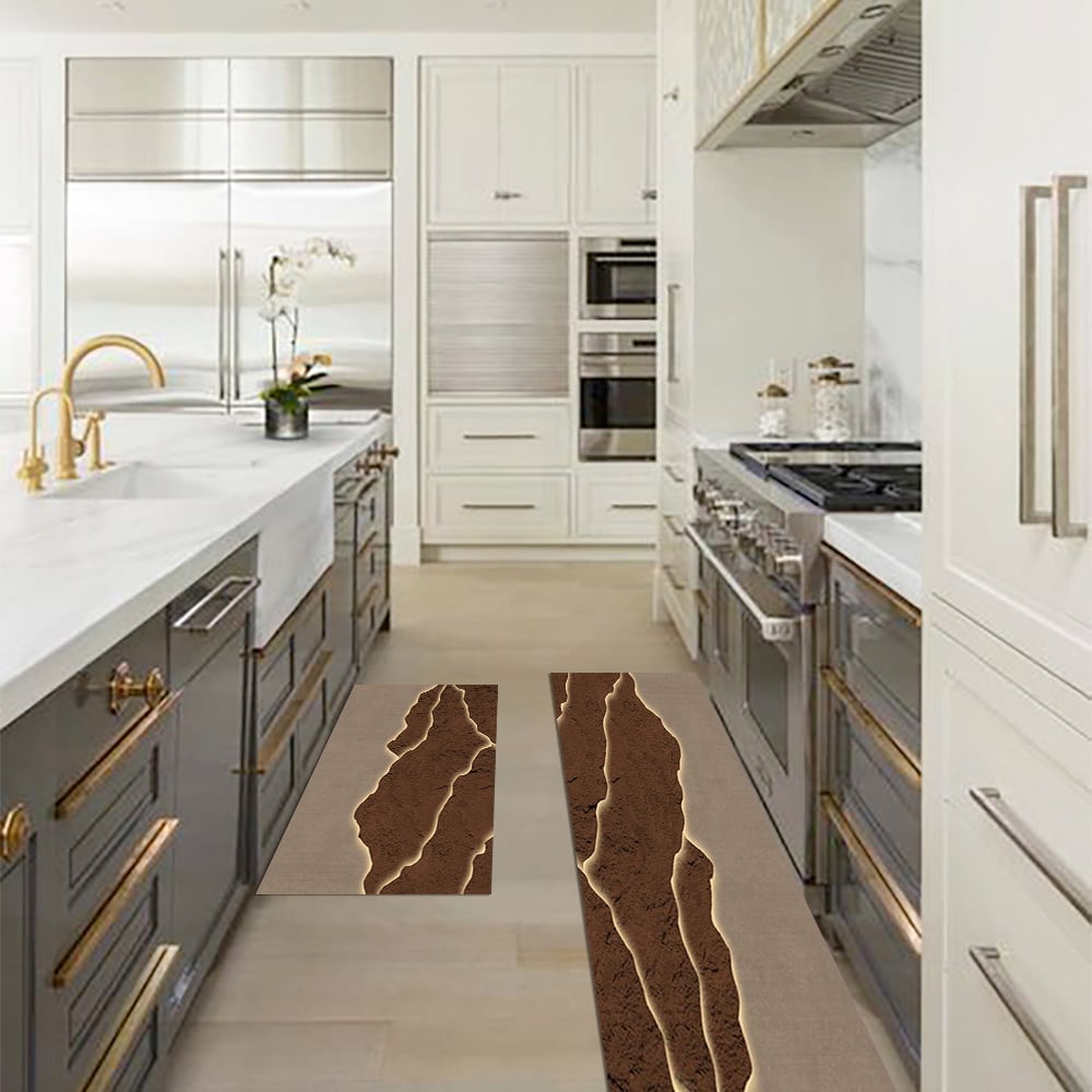 HMR - 2 Pieces Modern Gold & Brown Kitchen Runner Mats Non-slip Absorbent Kitchen Rug Set