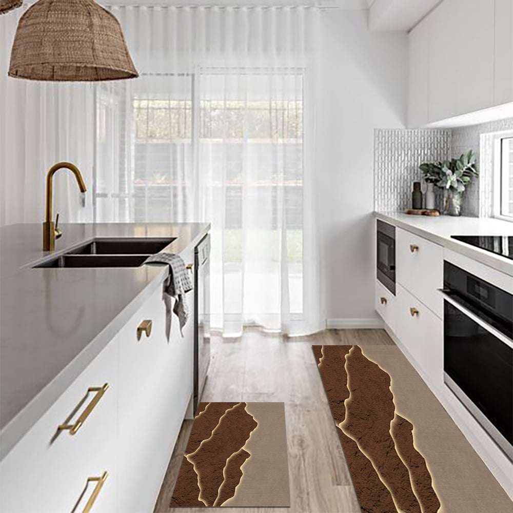HMR - 2 Pieces Modern Gold & Brown Kitchen Runner Mats Non-slip Absorbent Kitchen Rug Set