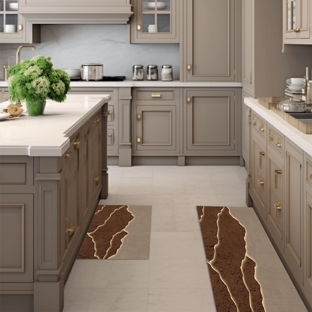 HMR - 2 Pieces Modern Gold & Brown Kitchen Runner Mats Non-slip Absorbent Kitchen Rug Set