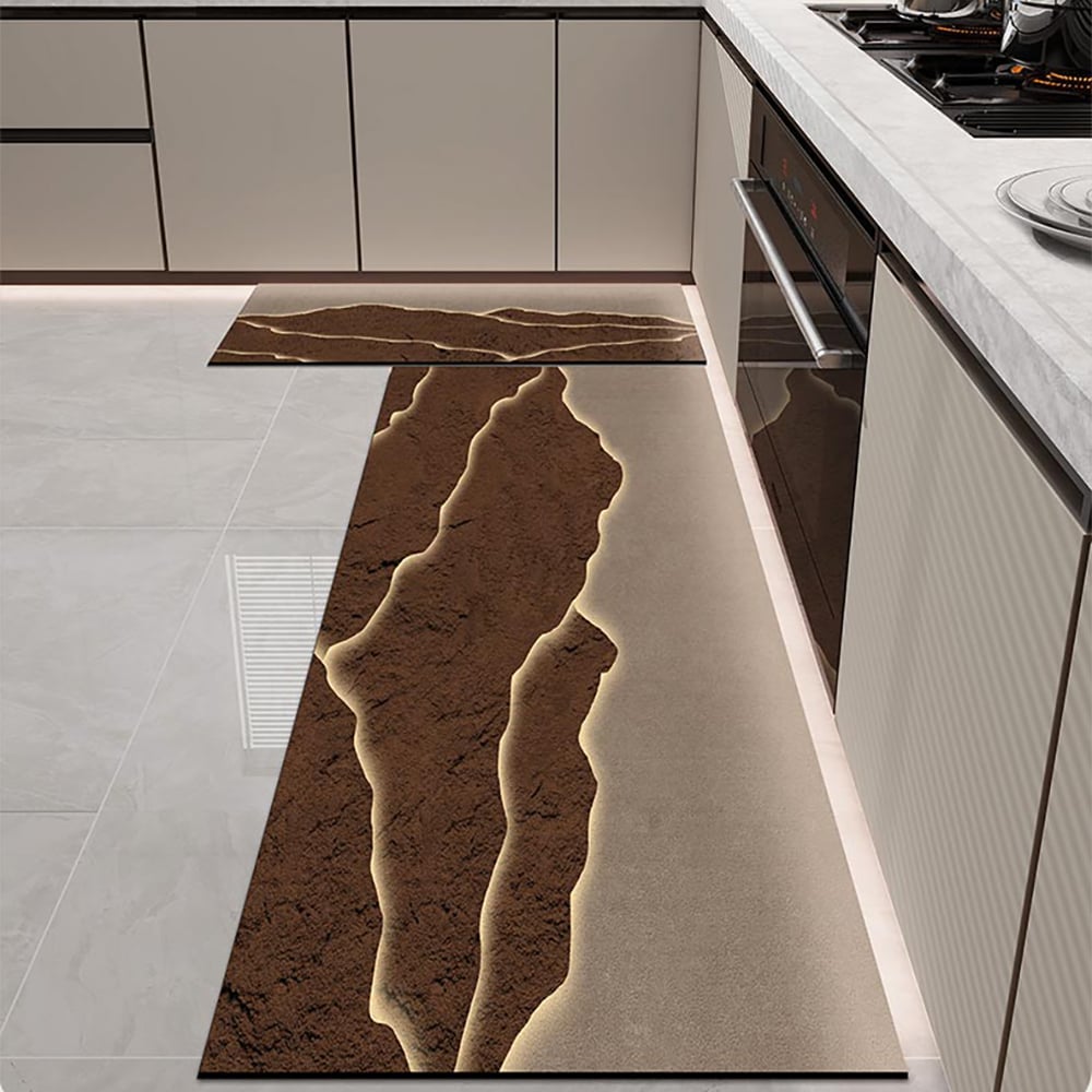 HMR - 2 Pieces Modern Gold & Brown Kitchen Runner Mats Non-slip Absorbent Kitchen Rug Set