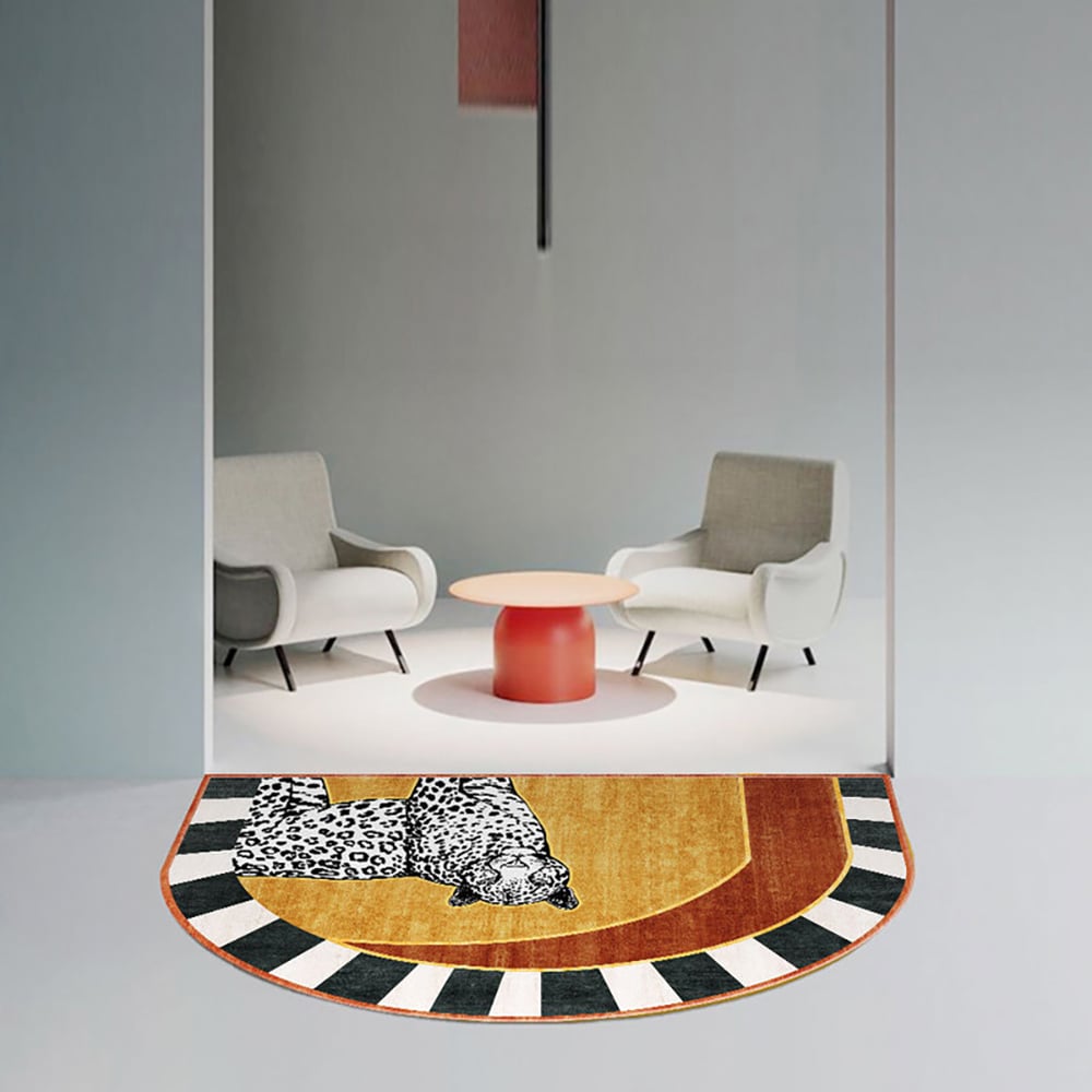 HMR - 2' x 3' 2 Pieces Art Deco Leopard Velvet Rug Half Round Non-Slip Door Mat Set