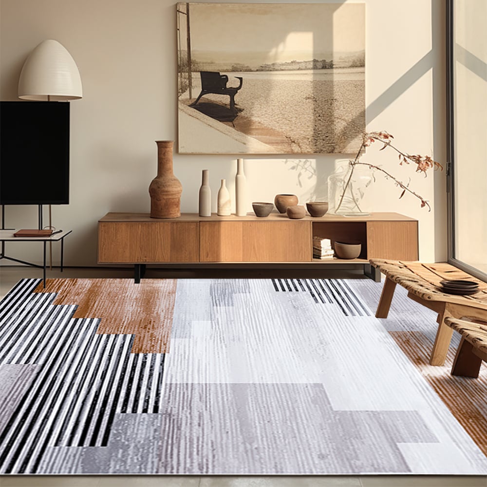 HMR - 5' x 7' Abstract Brown Rug Polyester Rectangular Machine Washable Living Room Area Mat