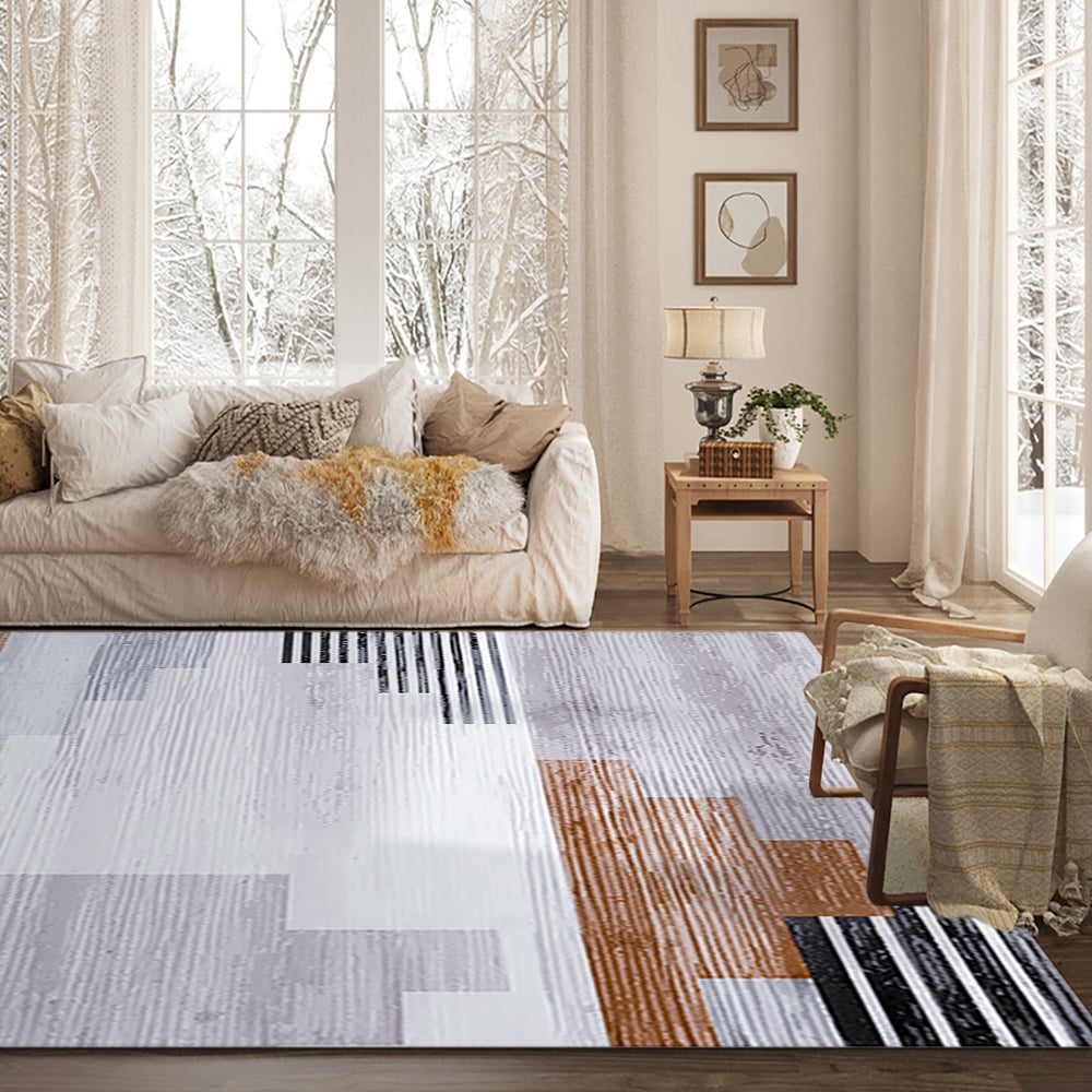 HMR - 5' x 7' Abstract Brown Rug Polyester Rectangular Machine Washable Living Room Area Mat