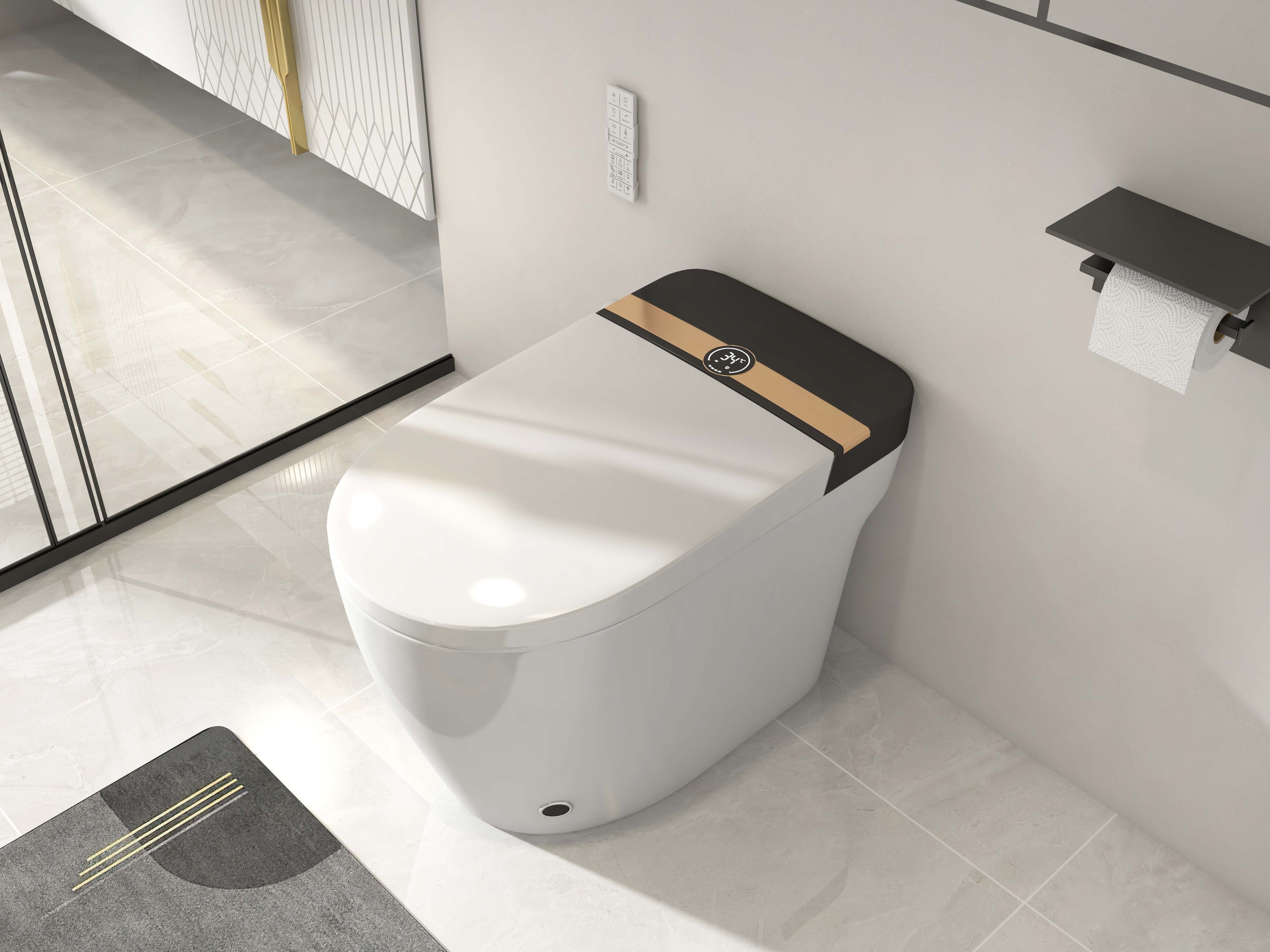 HMR - Modern Black & Gold Bath Tub Mat Set Non-Slip Rubber Backing 20" x 32" & 16" x 24" (2-Pieces)