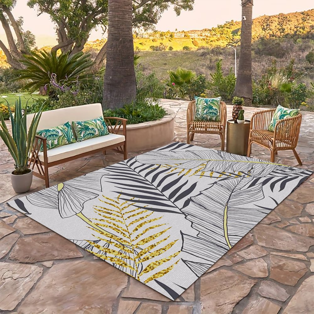 HMR - 8ft Gold & Black Tropical Banana Leaf Polyester Indoor/Outdoor Non-slip Washable Rug
