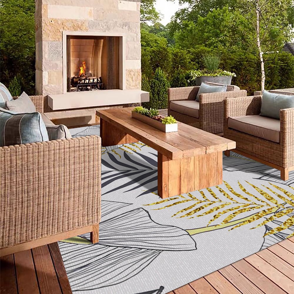 HMR - 8ft Gold & Black Tropical Banana Leaf Polyester Indoor/Outdoor Non-slip Washable Rug
