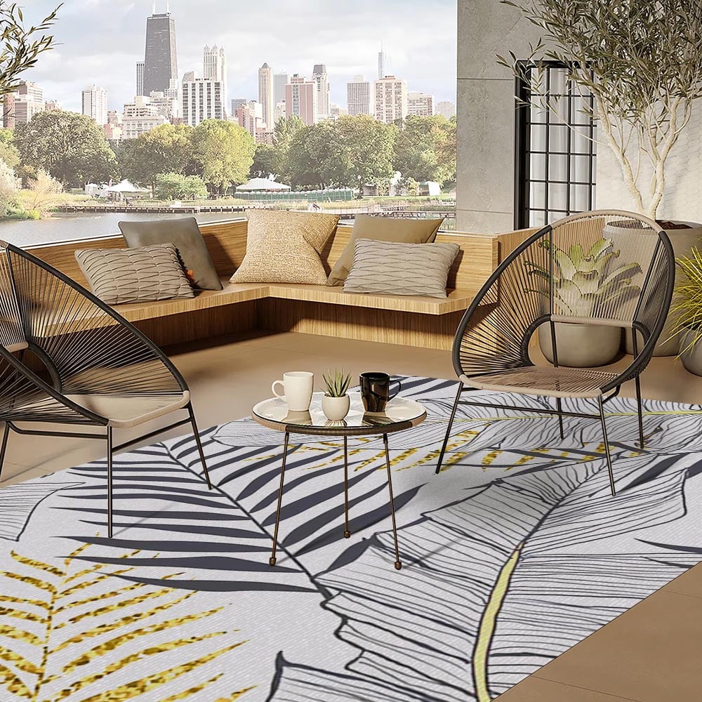 HMR - 8ft Gold & Black Tropical Banana Leaf Polyester Indoor/Outdoor Non-slip Washable Rug