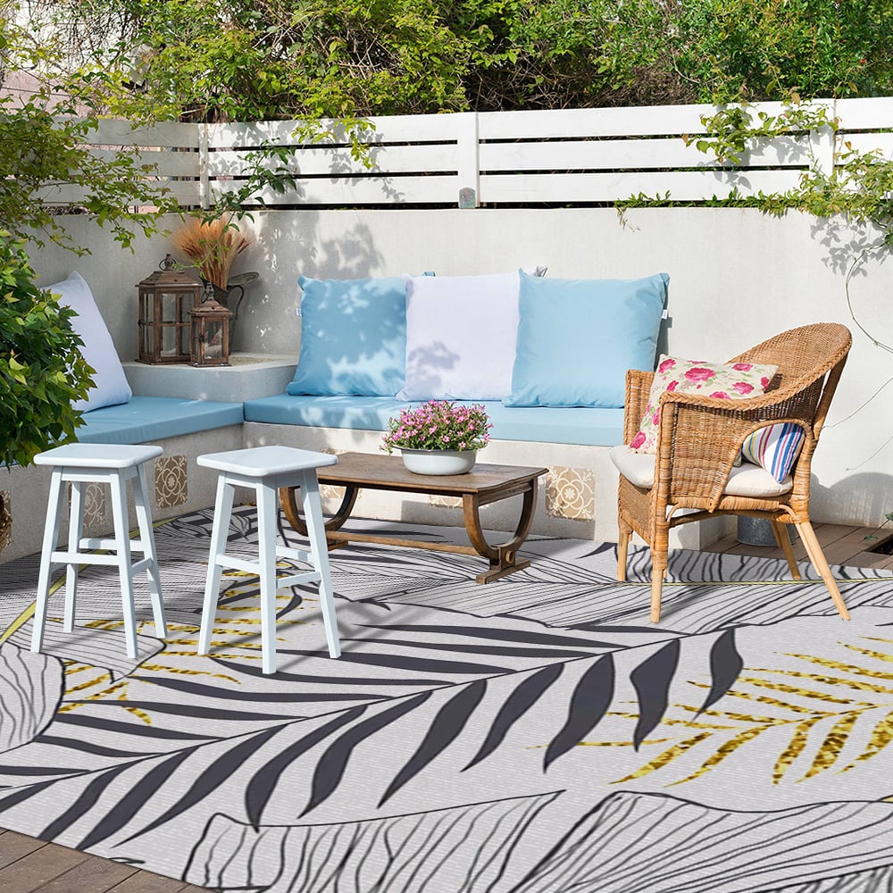 HMR - 8ft Gold & Black Tropical Banana Leaf Polyester Indoor/Outdoor Non-slip Washable Rug
