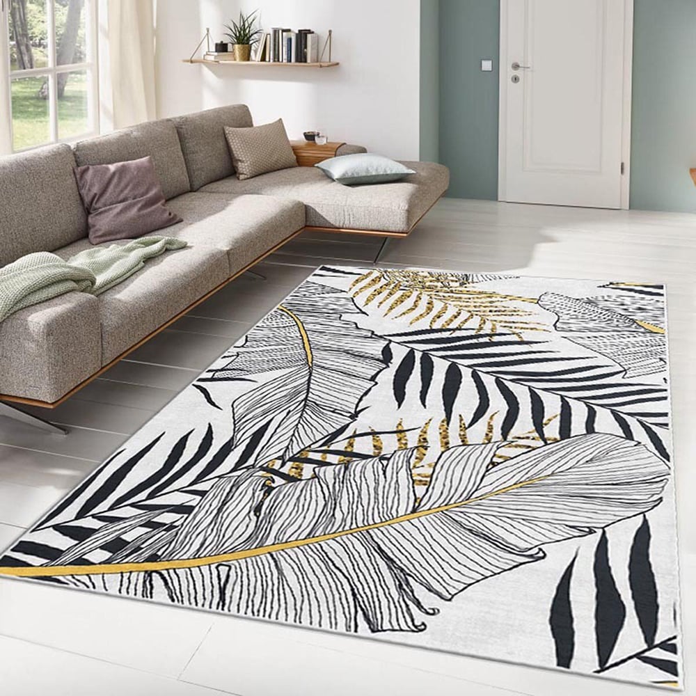 HMR - 8ft Gold & Black Tropical Banana Leaf Polyester Indoor/Outdoor Non-slip Washable Rug