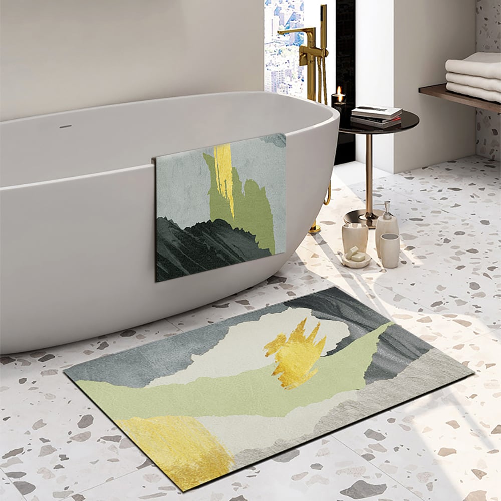 HMR - 2 Pieces Gray&Gold Abstract Bath Mat Set Marble Texture Non-slip Absorbent Rug Sets