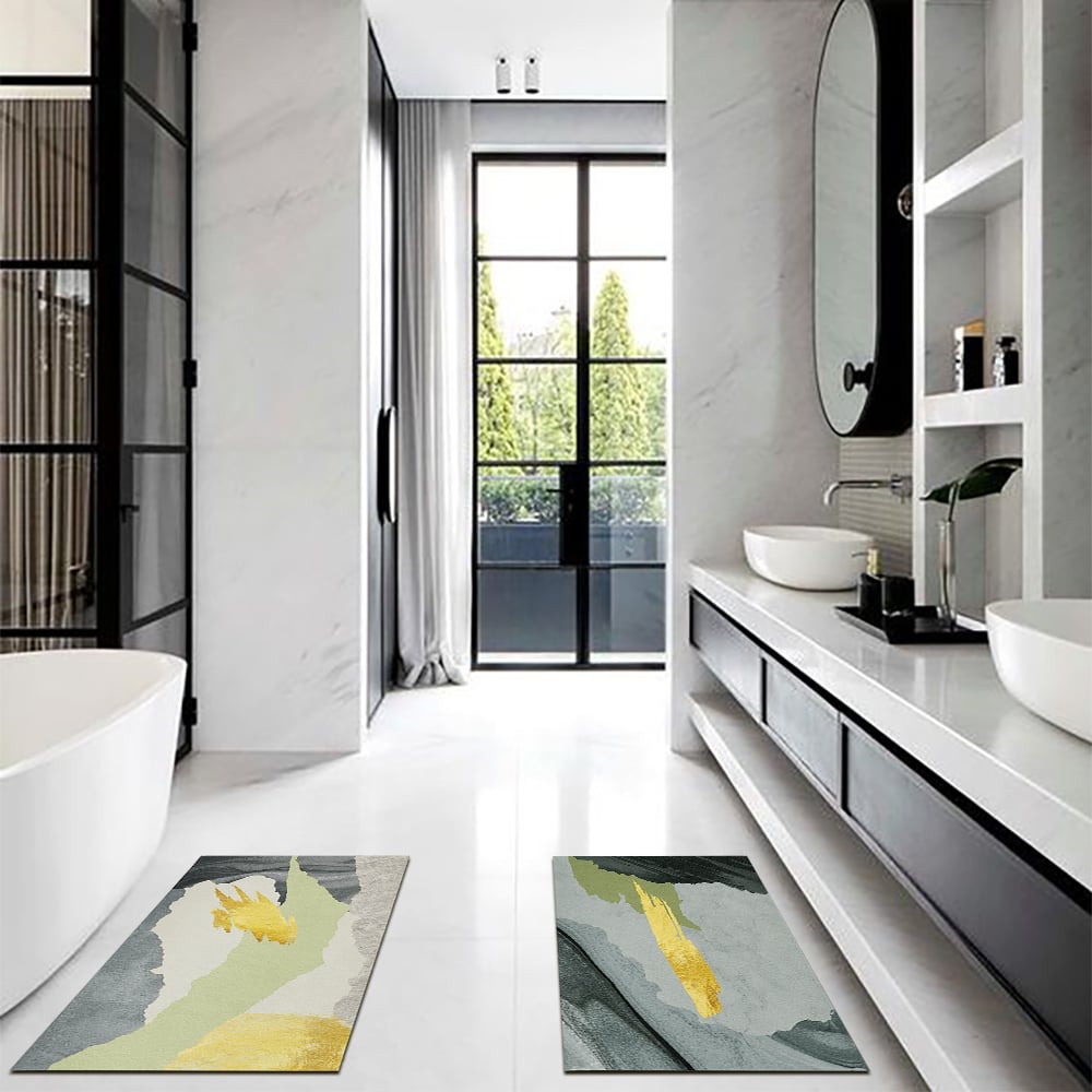 HMR - 2 Pieces Gray&Gold Abstract Bath Mat Set Marble Texture Non-slip Absorbent Rug Sets