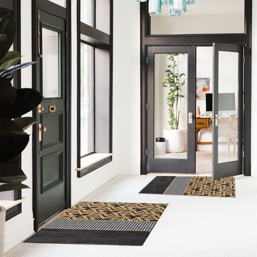 HMR - 2 Pieces Modern Geometric Houndstooth Gold Washable Door Mat Non-slip Entryway Rug Set