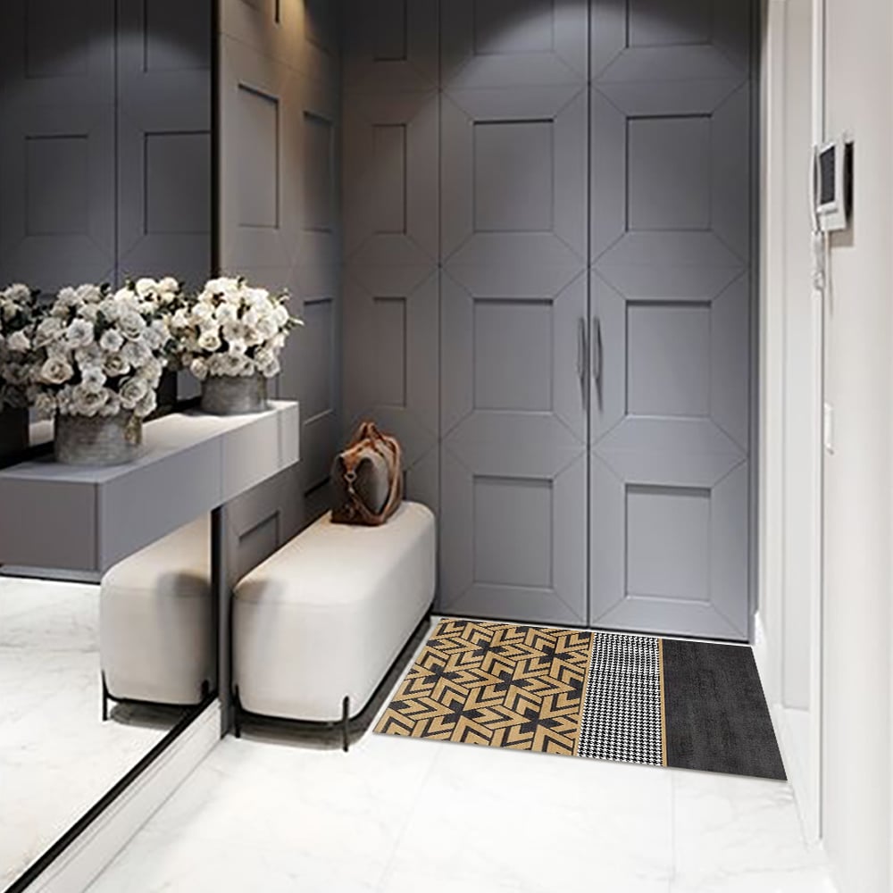 HMR - 2 Pieces Modern Geometric Houndstooth Gold Washable Door Mat Non-slip Entryway Rug Set