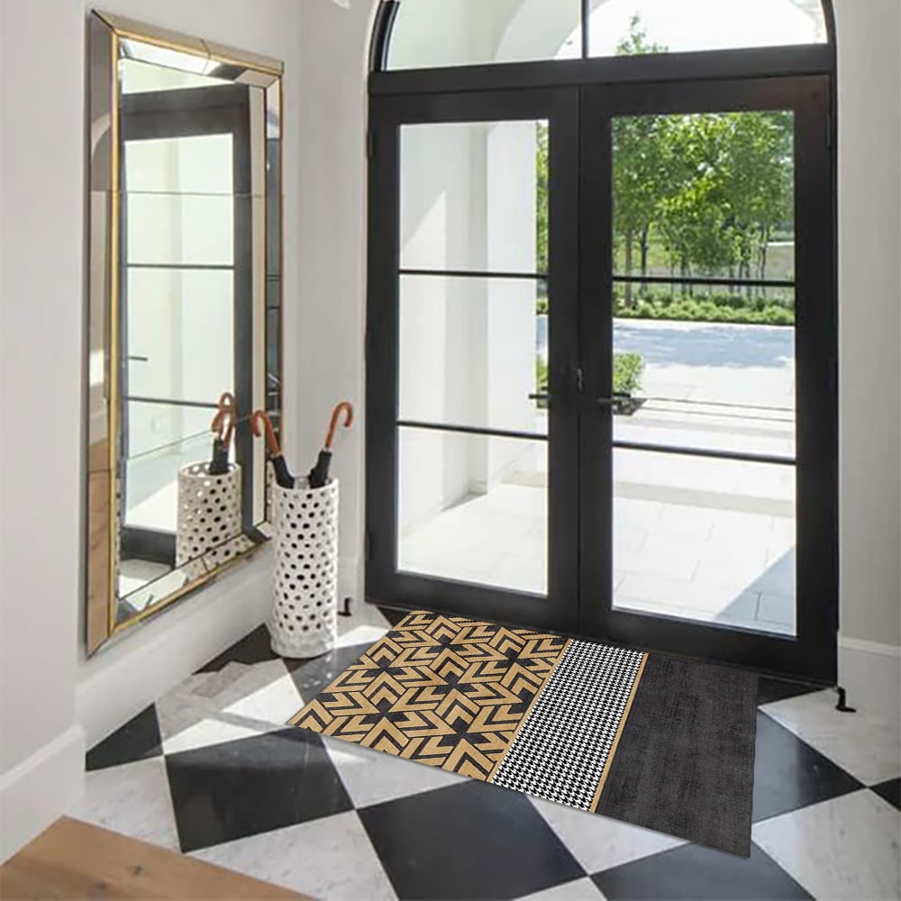 HMR - 2 Pieces Modern Geometric Houndstooth Gold Washable Door Mat Non-slip Entryway Rug Set