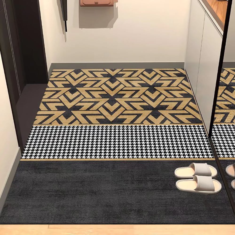 HMR - 2 Pieces Modern Geometric Houndstooth Gold Washable Door Mat Non-slip Entryway Rug Set