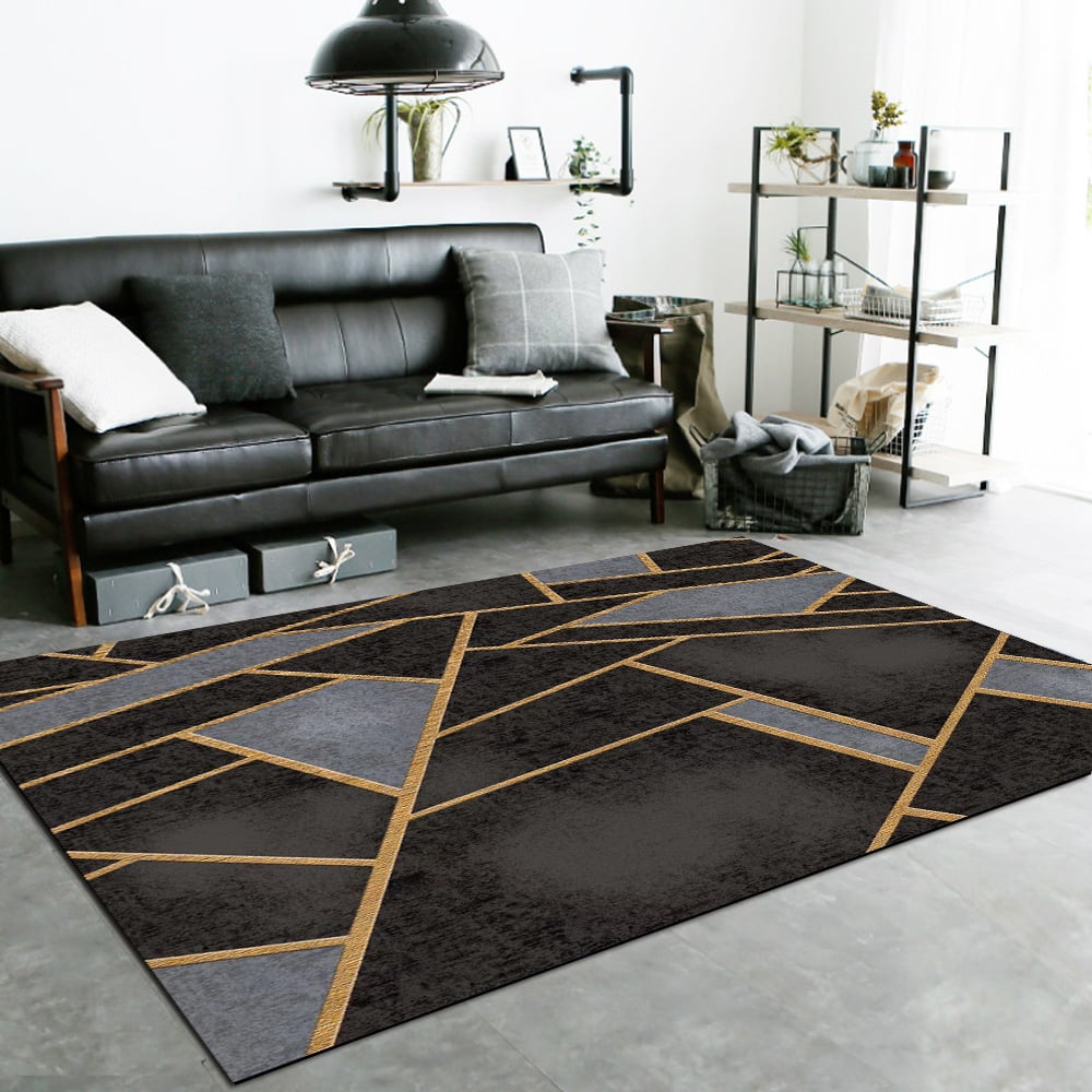 HMR - 5' x 7' Art Deco Black & Gold Livingroom Geometric Rug Decorative Carpet