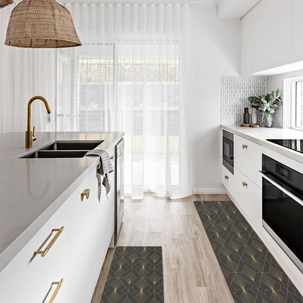 HMR - 2 Pieces Gold Kitchen Runner Mats Non-slip Geometric Kitchen Rug Set