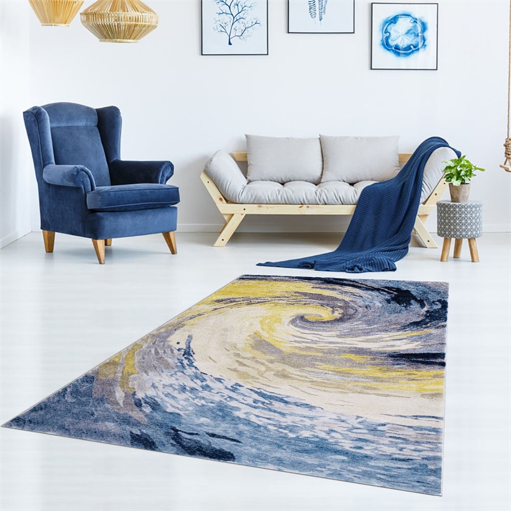 HMR - 3'x 5' Art Deco Blue & Gold Area Rug Living Room Carpet with Swirl Pattern