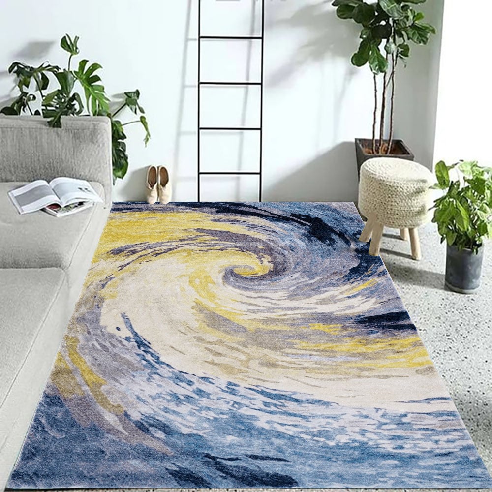 HMR - 3'x 5' Art Deco Blue & Gold Area Rug Living Room Carpet with Swirl Pattern