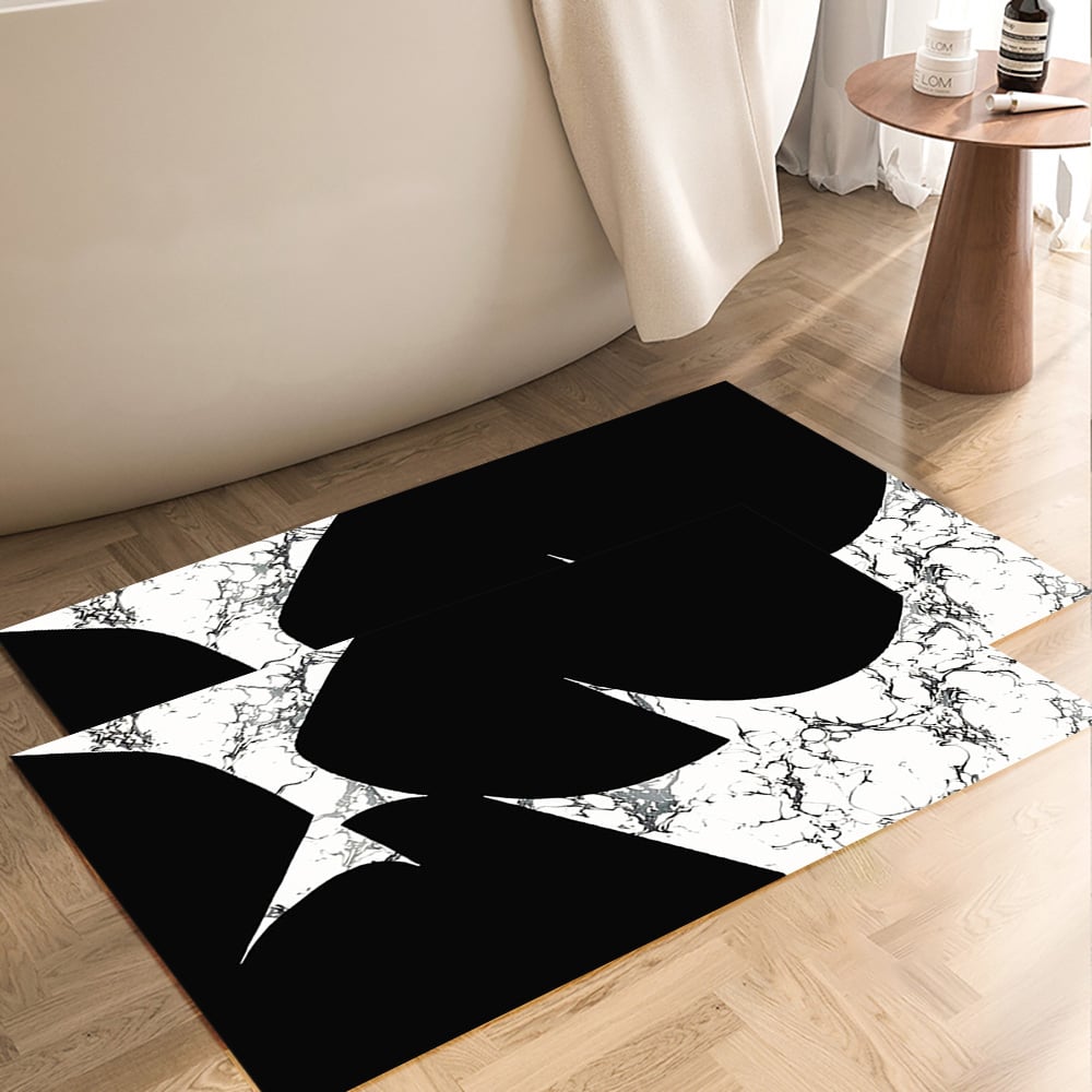 HMR - 2 Pieces Black&White Geometric Bath Mat Set Marble Texture Non-slip Absorbent Rug Sets
