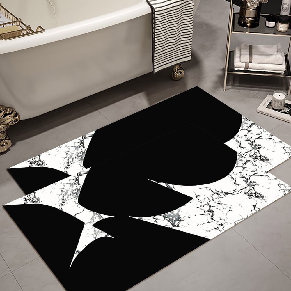 HMR - 2 Pieces Black&White Geometric Bath Mat Set Marble Texture Non-slip Absorbent Rug Sets