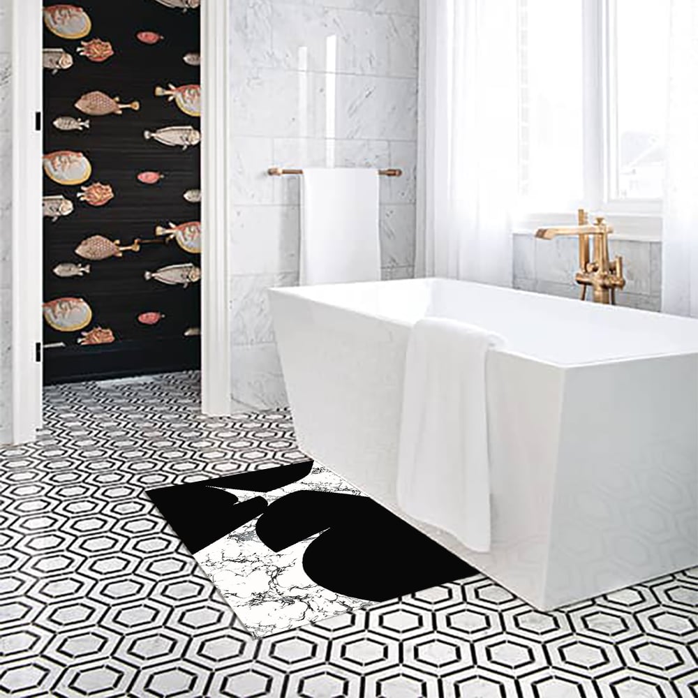 HMR - 2 Pieces Black&White Geometric Bath Mat Set Marble Texture Non-slip Absorbent Rug Sets