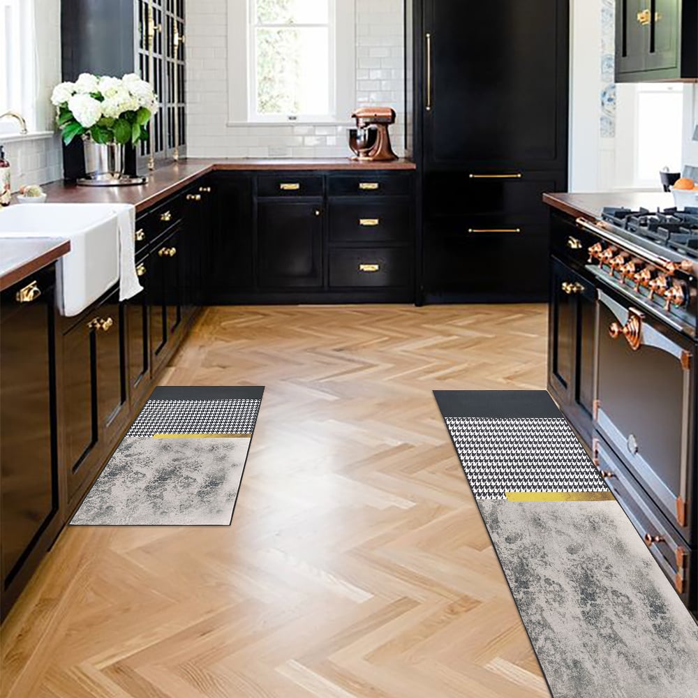 HMR - 2 Pieces Modern Geometric Gradient Gold Washable Kitchen Runner Mats Non-slip Rug Set