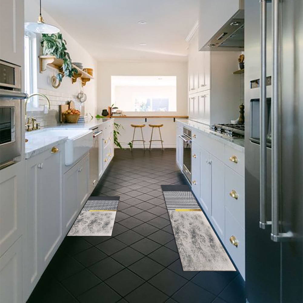 HMR - 2 Pieces Modern Geometric Gradient Gold Washable Kitchen Runner Mats Non-slip Rug Set