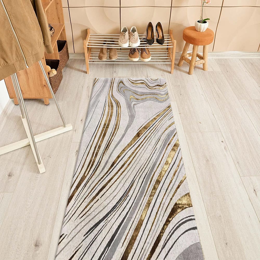 HMR - 2'X 8' Luxury abstract Runner Washable Rug with Marble Pattern Carpet