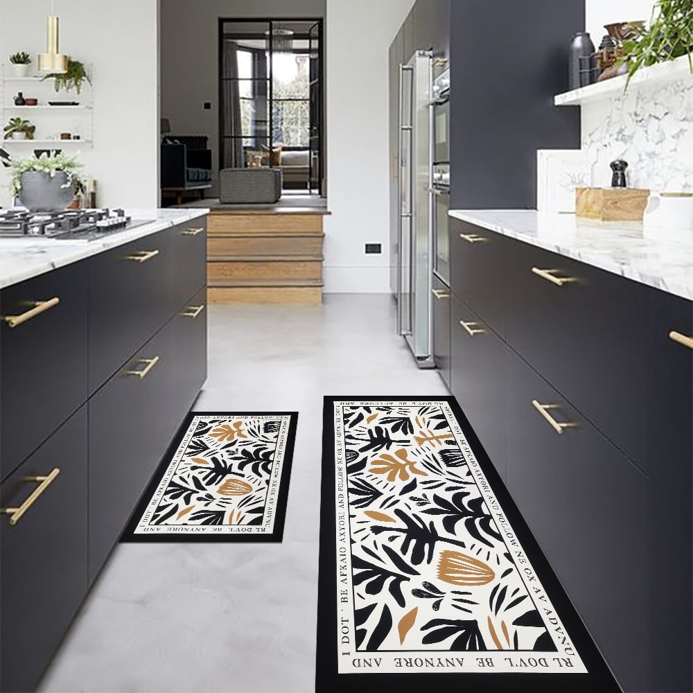 HMR - 2 Pieces Modern Flower Kitchen Runner Mats Non-slip Absorbent Widen Kitchen Rug Set