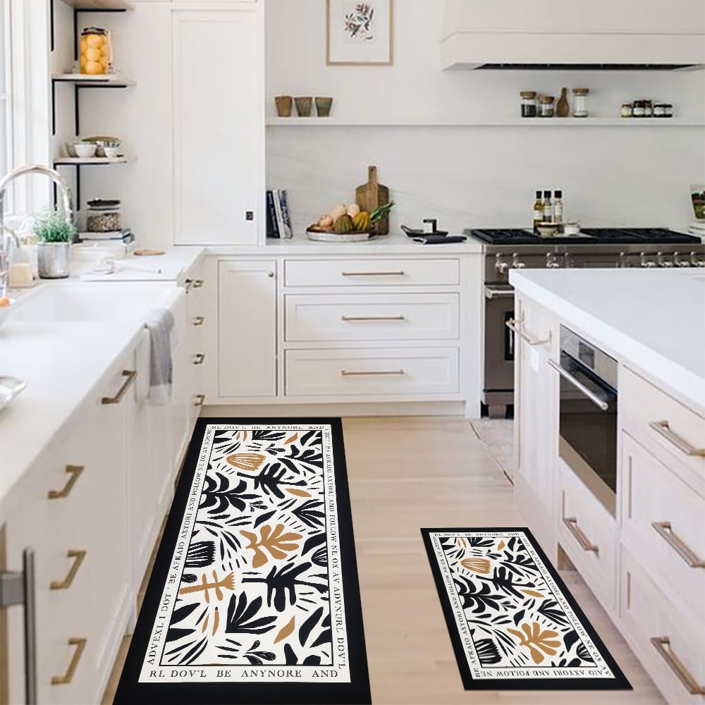HMR - 2 Pieces Modern Flower Kitchen Runner Mats Non-slip Absorbent Widen Kitchen Rug Set
