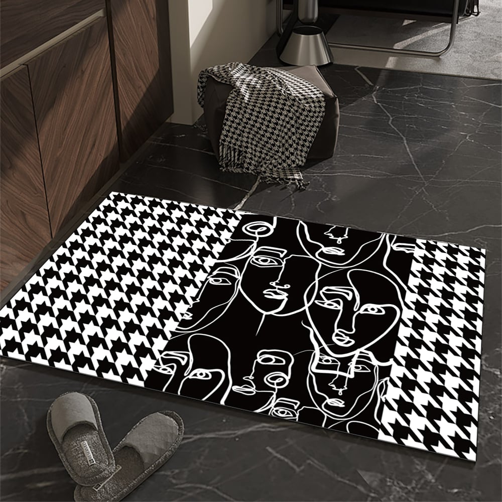 HMR - 2 Pieces Modern Abstract Houndstooth Black Washable Door Mat Non-slip Entryway Rug Set