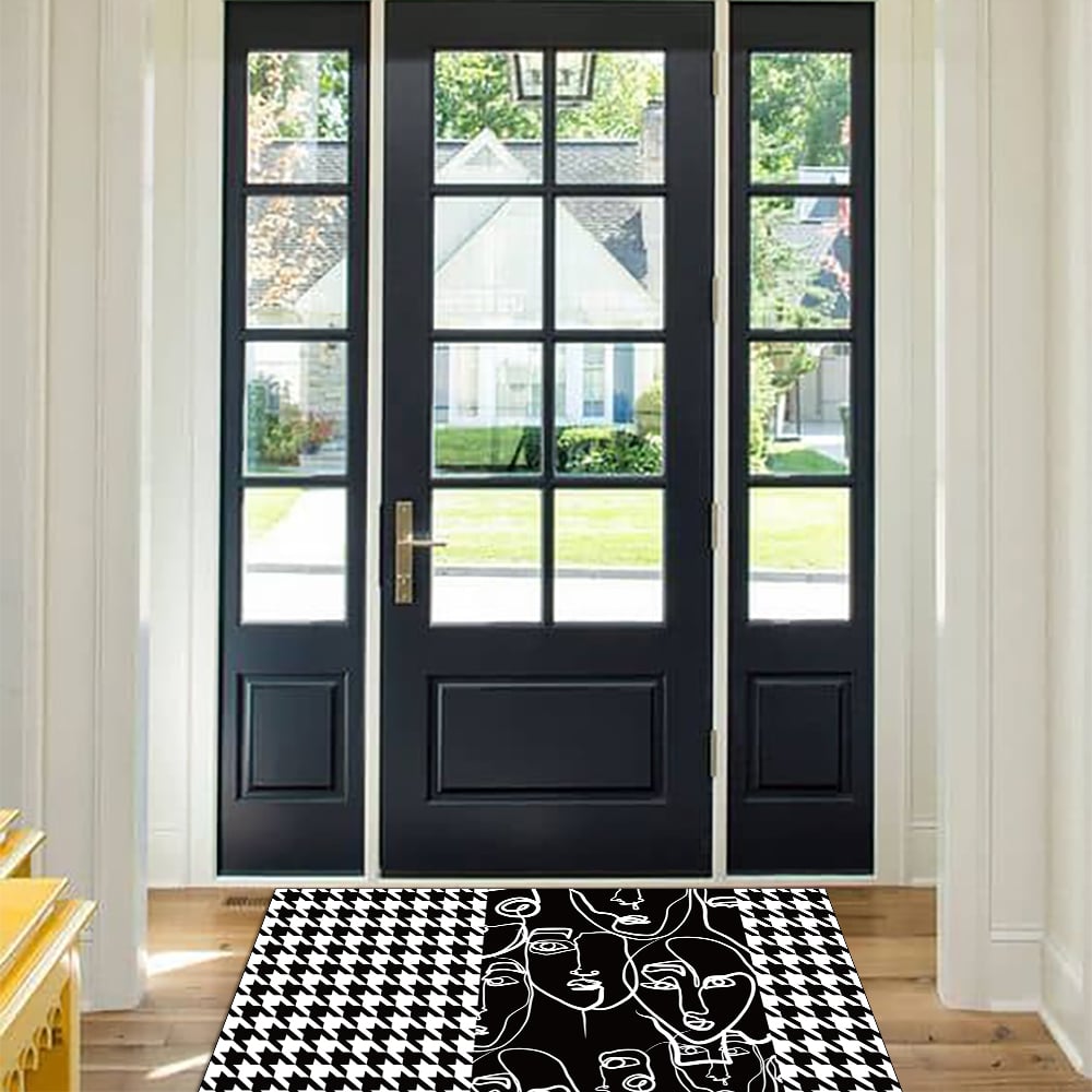 HMR - 2 Pieces Modern Abstract Houndstooth Black Washable Door Mat Non-slip Entryway Rug Set