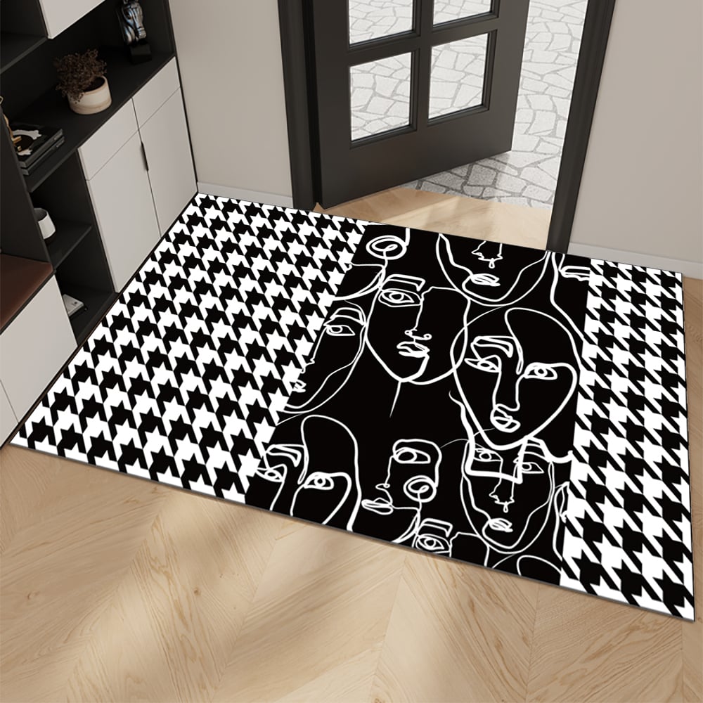HMR - 2 Pieces Modern Abstract Houndstooth Black Washable Door Mat Non-slip Entryway Rug Set