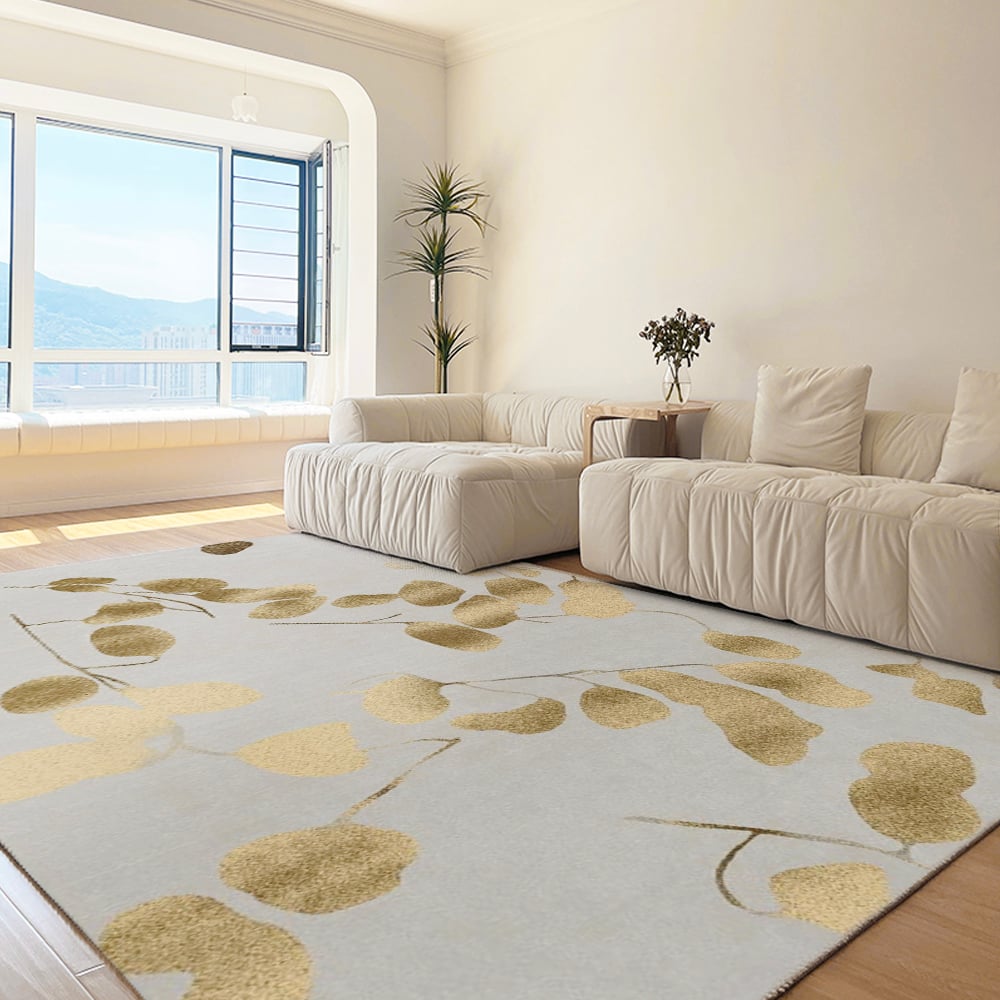 HMR - Modern Rectangle Area Rug with Gold Leaves Patter Nylon Rug