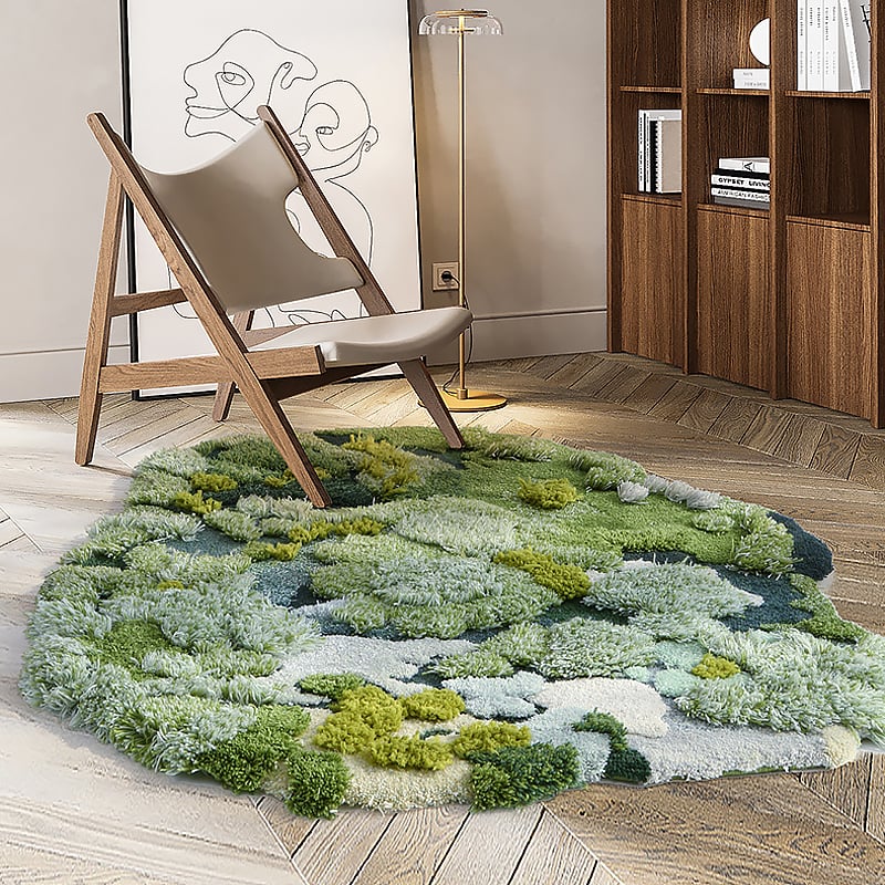 HMR - 31.5" Green Moss Rug 3D Tufted Wool Handmade Colorful Forest Carpet Bedside Living Room