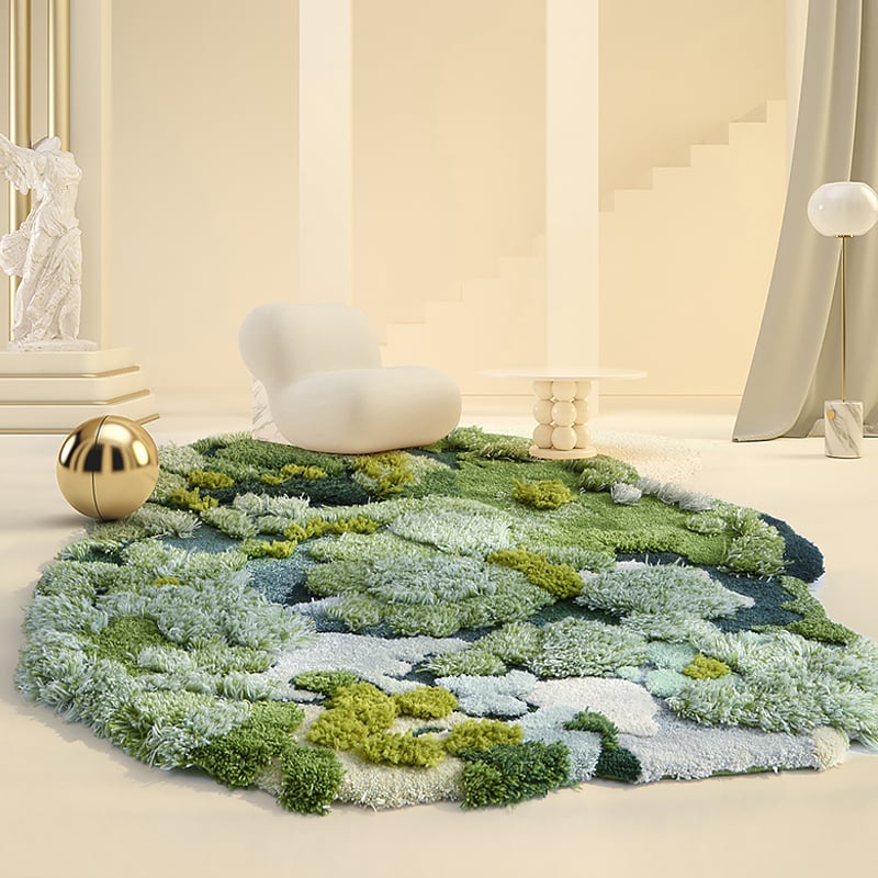 HMR - 31.5" Green Moss Rug 3D Tufted Wool Handmade Colorful Forest Carpet Bedside Living Room