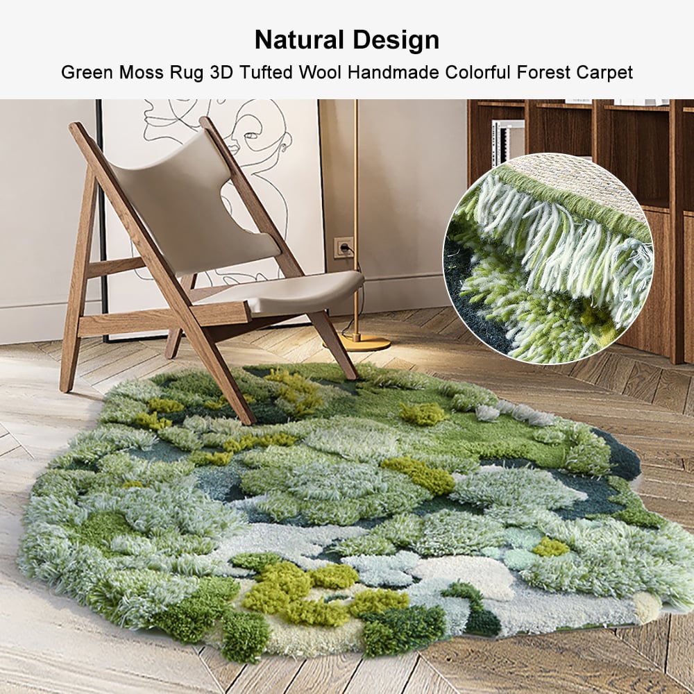 HMR - 31.5" Green Moss Rug 3D Tufted Wool Handmade Colorful Forest Carpet Bedside Living Room