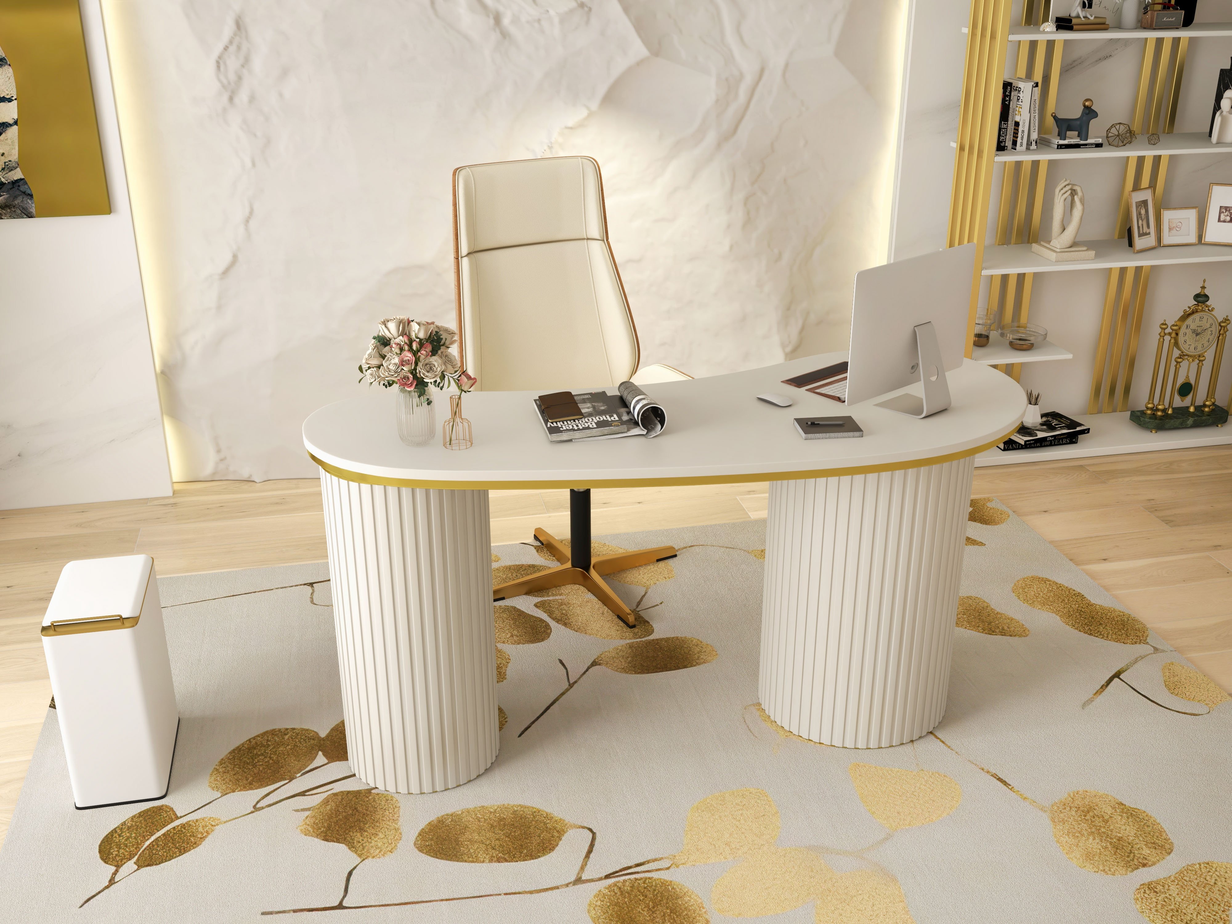 HMR Modern Rectangle Area Rug with Gold Leaves Patter Nylon Rug - 5' x 8'
