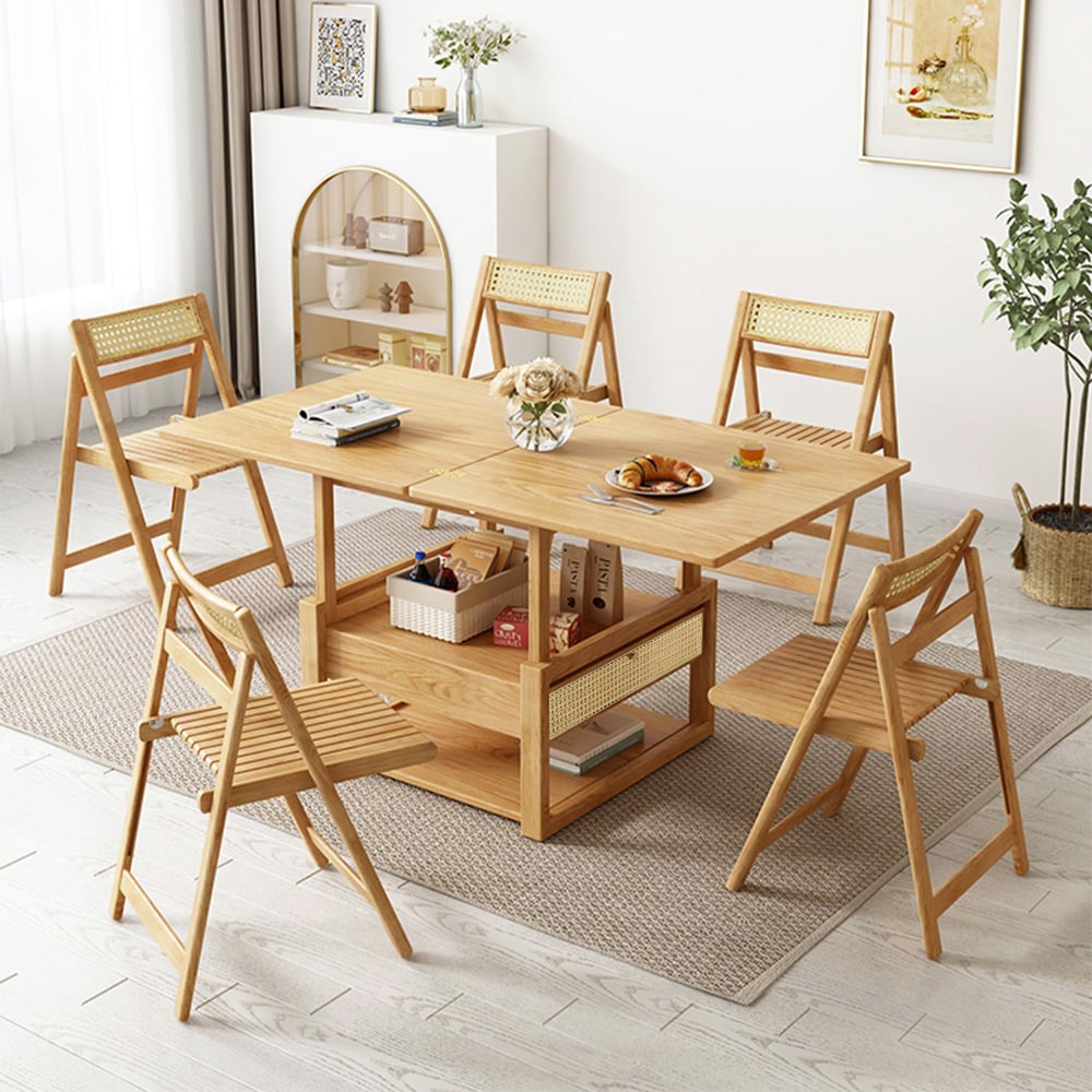 HMR - Japandi Wooden Folding Coffee Table Set Dining Table Rattan Nesting Accent Table