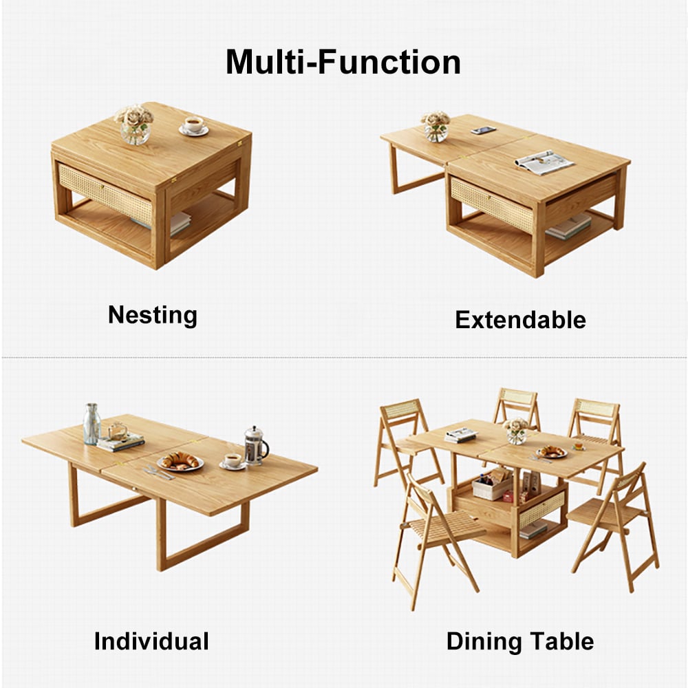 HMR - Japandi Wooden Folding Coffee Table Set Dining Table Rattan Nesting Accent Table