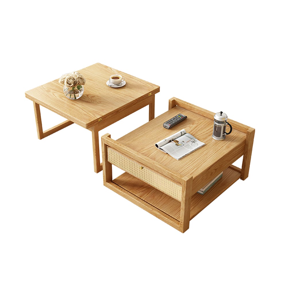 HMR - Japandi Wooden Folding Coffee Table Set Dining Table Rattan Nesting Accent Table