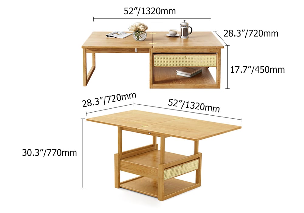 HMR - Japandi Wooden Folding Coffee Table Set Dining Table Rattan Nesting Accent Table