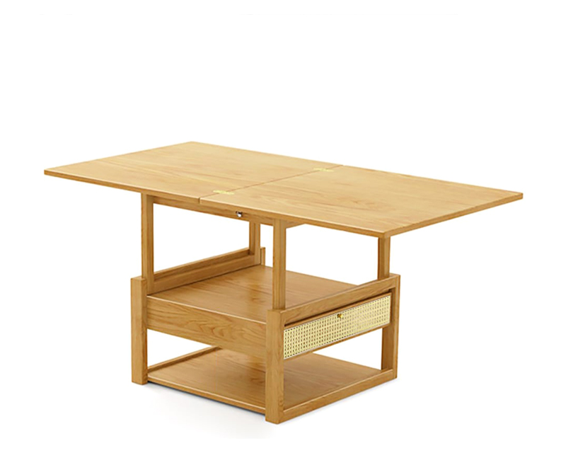 HMR - Japandi Wooden Folding Coffee Table Set Dining Table Rattan Nesting Accent Table