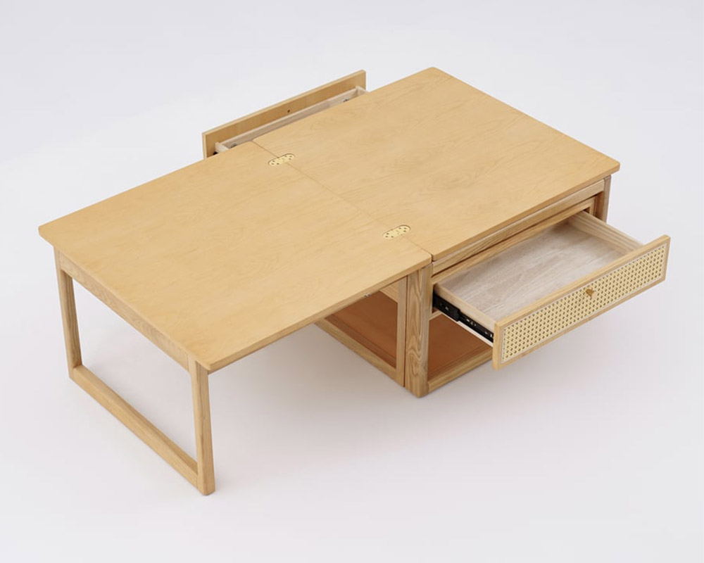 HMR - Japandi Wooden Folding Coffee Table Set Dining Table Rattan Nesting Accent Table