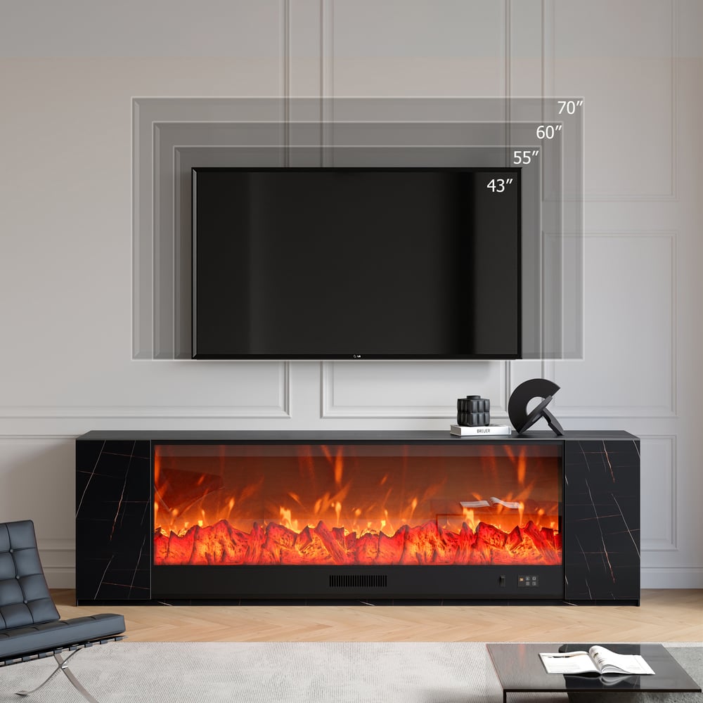 HMR Electric Fireplace TV Stand with Remote Control - Black, Sintered Stone, 78.7"W×12.6"D×23.6"H
